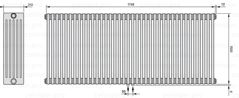 Схема (чертеж) Радиатор Zehnder Charleston 6150/38 №5410 Белый глянцевый RAL 9016